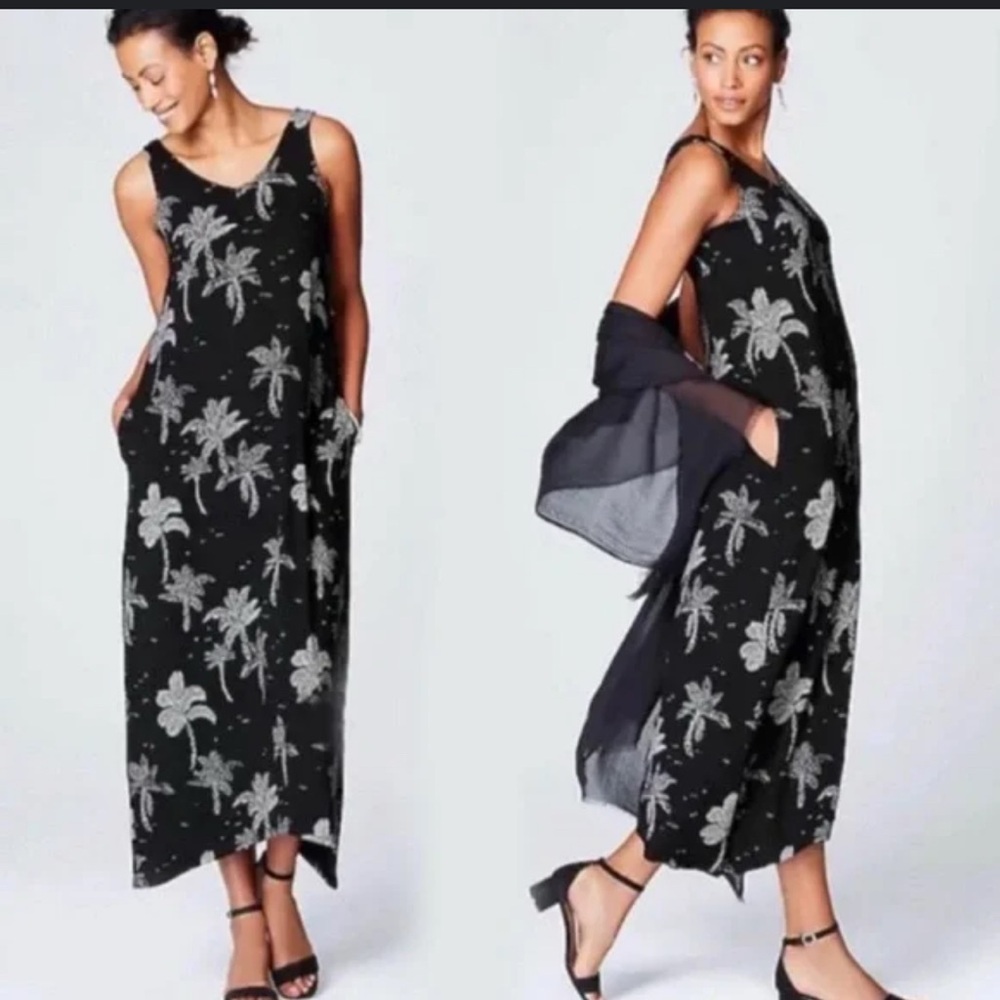 J. Jill Black Maxi Dress with White Palm Print